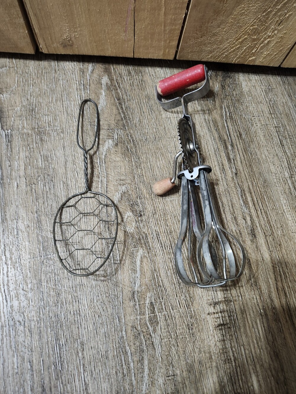 Vintage Hand Egg Beater and Wire Egg Beater/Skimmer - Red Handle